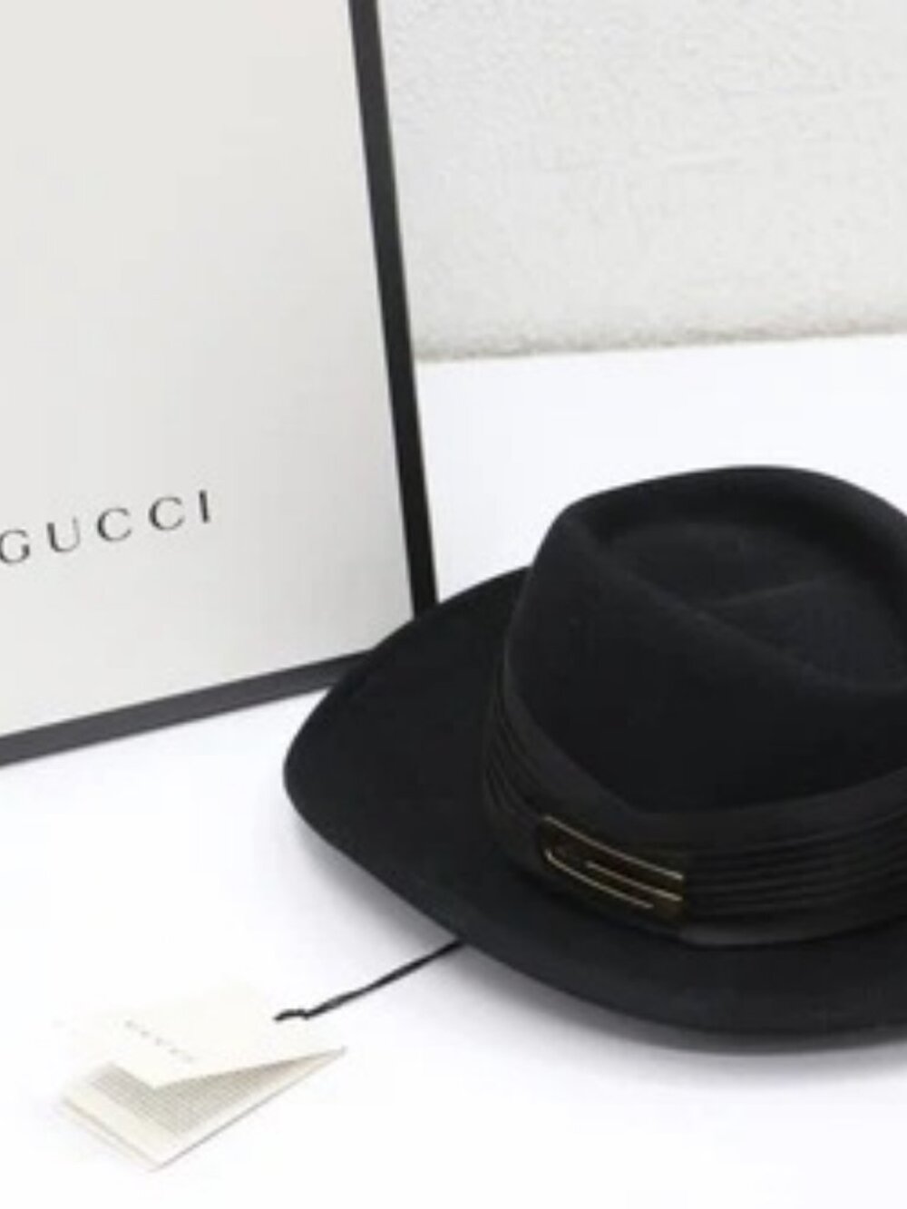 Gucci Women' Fedora Hat Large Size S Black Felt Gold G Logo Wide Brim Pleated